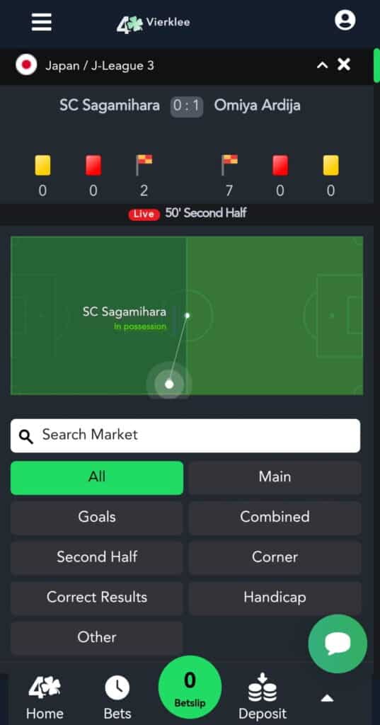 bet live offer screen with matchflow of ingame play