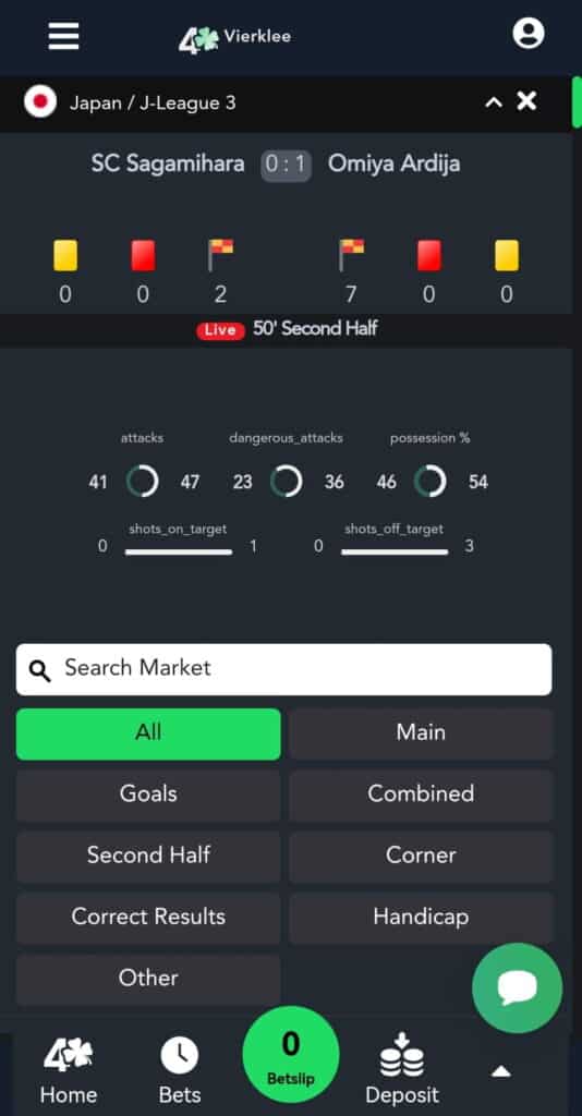 live betting offer showing statistics