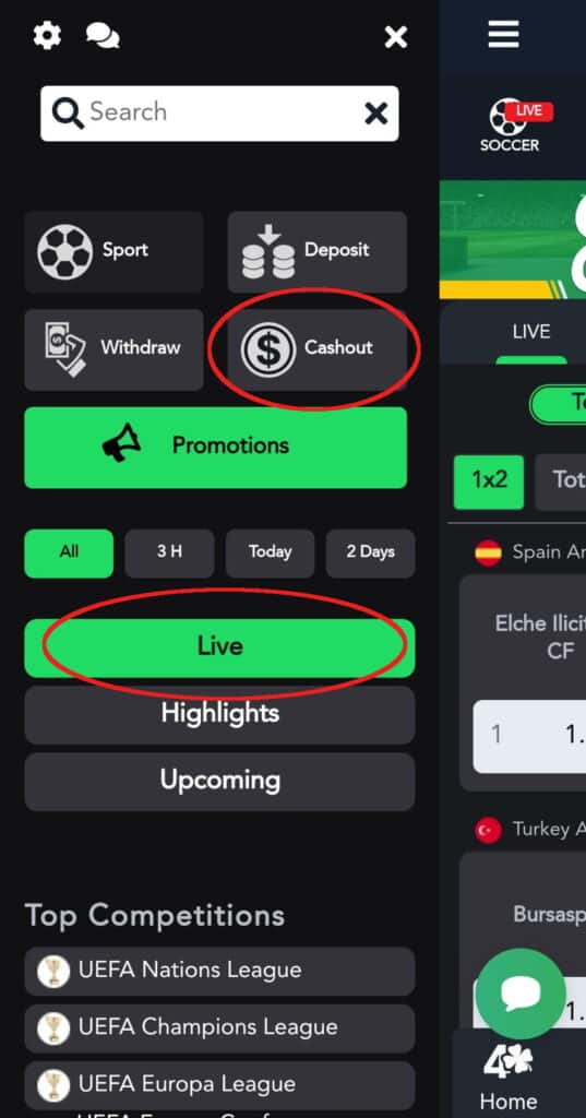 Find the cashout button in our live bets app.